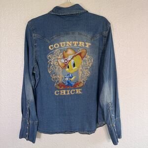 Country Royalty Top Women Large Tweety Bird Chick Denim Pearl Snap Western Rodeo